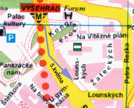 Mapa cesty od metra Vyehrad